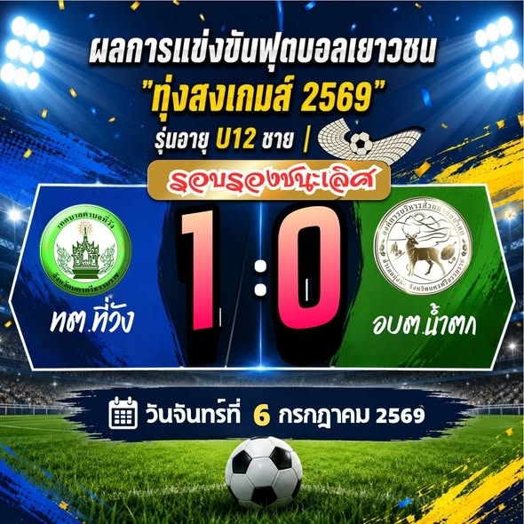 ผลการแข่งขัน: เทศบาลตำบลที่วัง คว้าชัยชนะ 1 ประตูต่อ 0